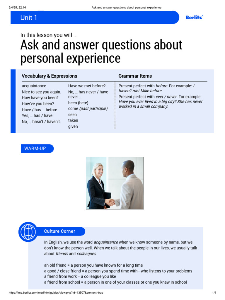 Personal Experience Conversation Guide | PDF | Grammar | Human ...