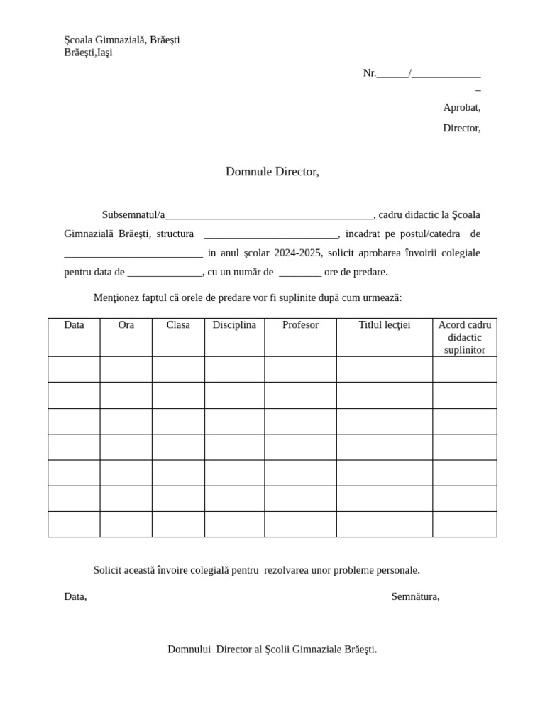 Cerere Invoire Colegiala - SGB | PDF