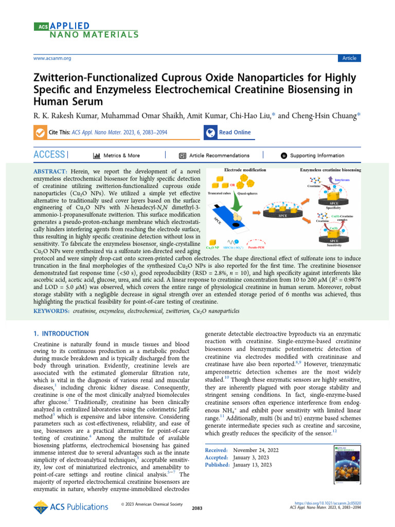 Rakesh Kumar Et Al 2023 Zwitterion Functionalized Cuprous Oxide ...