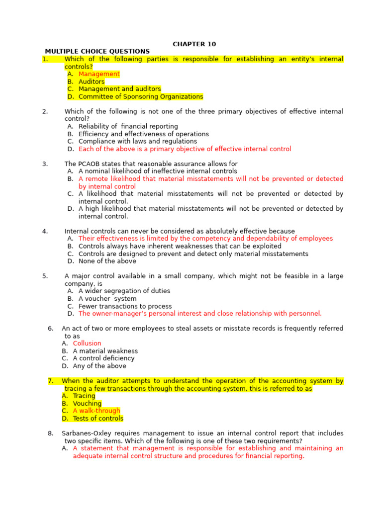 Internal Control Multiple Choice Questions | PDF | Internal Control | Audit