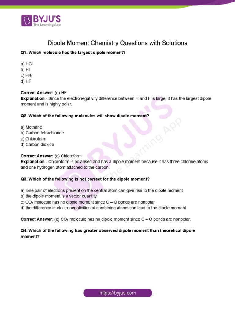Dipole Moment Questions and Solutions | PDF | Chemical Polarity | Dipole