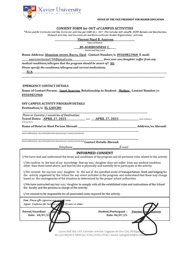 Consent Form for Off-Campus Activities | PDF | Allergology