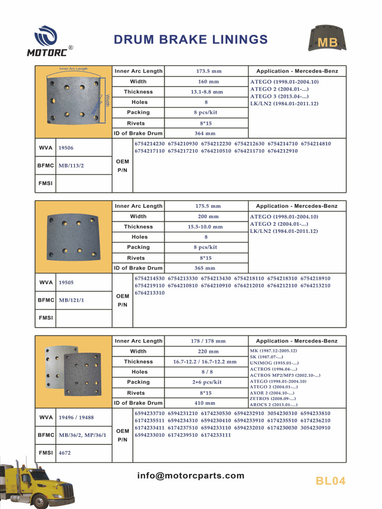 Mercedes-Benz Drum Brake Linings Specs | PDF | Land Vehicles | Mercedes ...