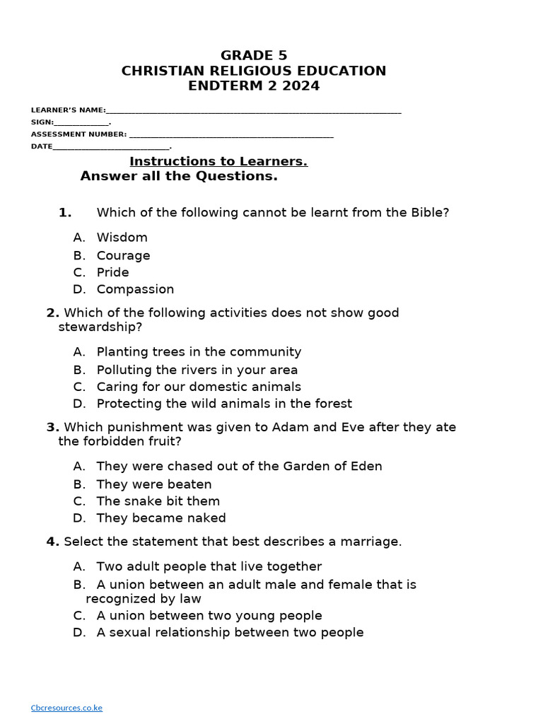 Grade 5 CRE End Term 2 Exam 2024 | PDF