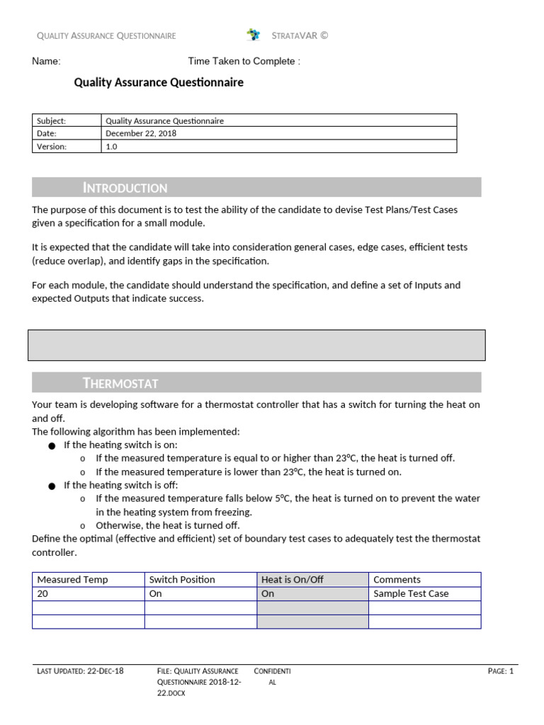 Quality Assurance Questionnaire | PDF | Thermostat | Quality Assurance
