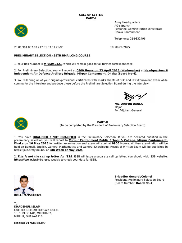 ISSB Preliminary Selection Call Up | PDF | Military