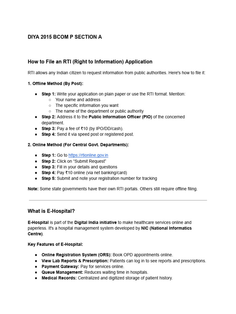 Filing RTI and Using E-Hospital Services | PDF
