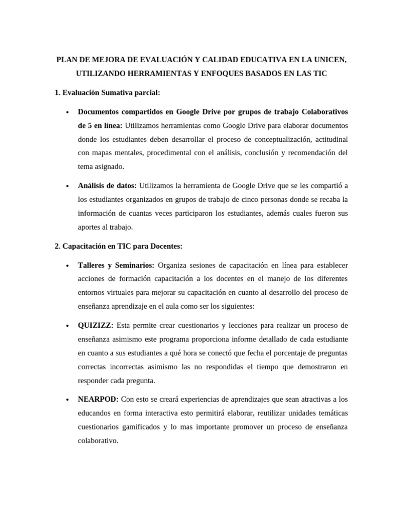 Plan de Mejora de La Evaluación y La Calidad Educativa en Una ...