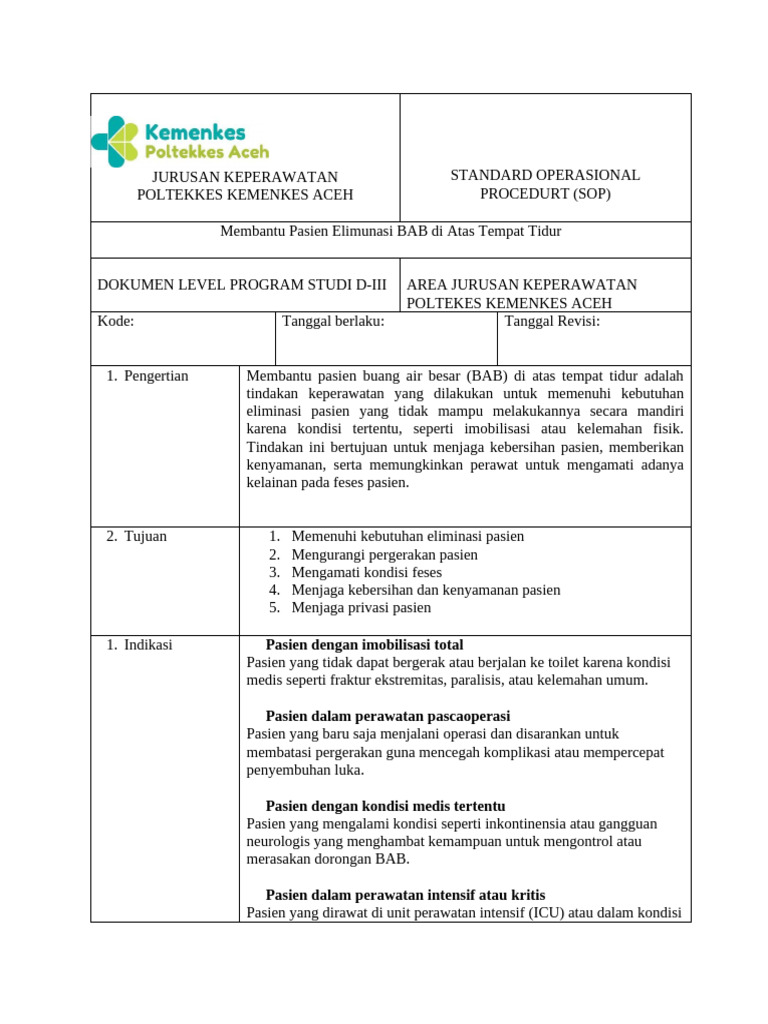 SOP Eliminasi BAB di Tempat Tidur | PDF