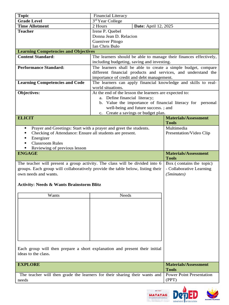 educ109LESSONPLAN-Financial Literacy | PDF | Teachers | Learning