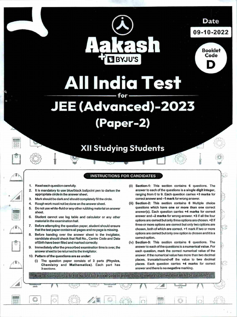 XII Studying Students Paper-2 All India Test-Code-D | PDF