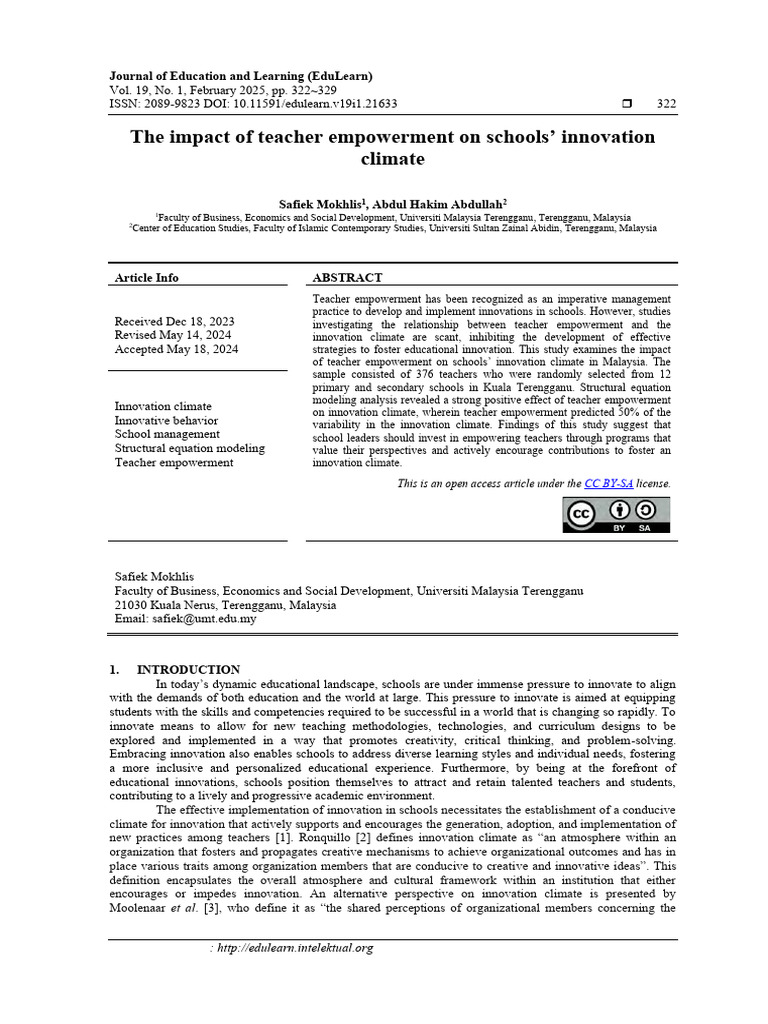The Impact of Teacher Empowerment On Schools Innovation Climate | PDF