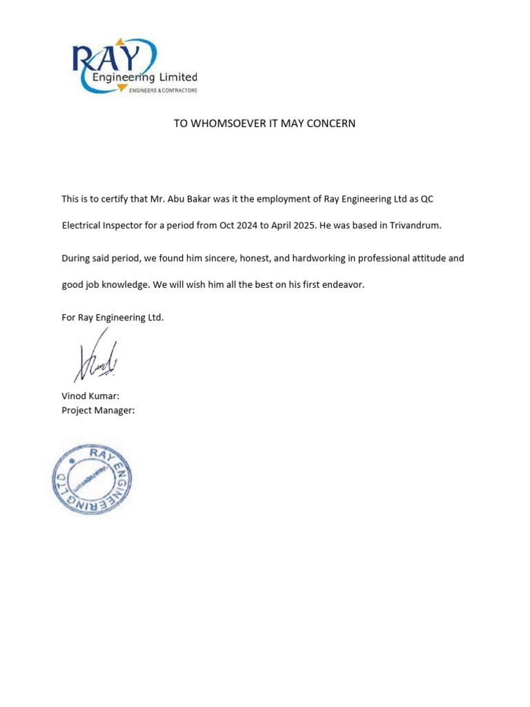 QC Electrical Inspector Experience Certificate | PDF
