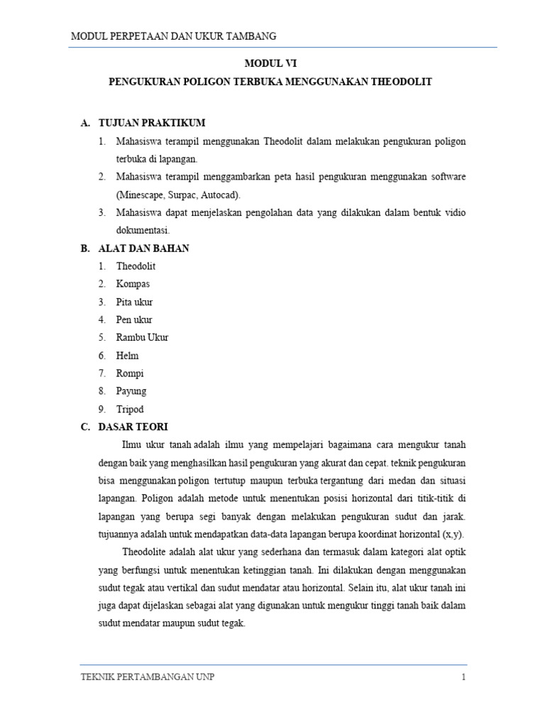 Modul VI Pengukuran Poligon Terbuka Dengan Theodolite | PDF