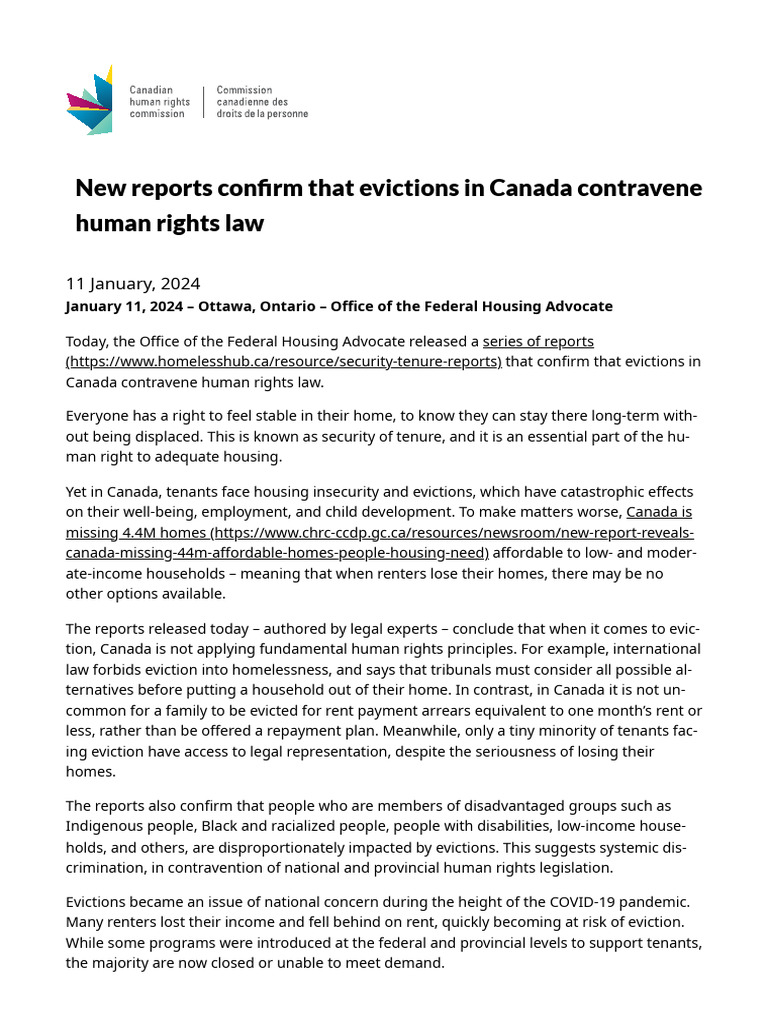 New Reports Confirm That Evictions in Canada Contravene Human Rights ...