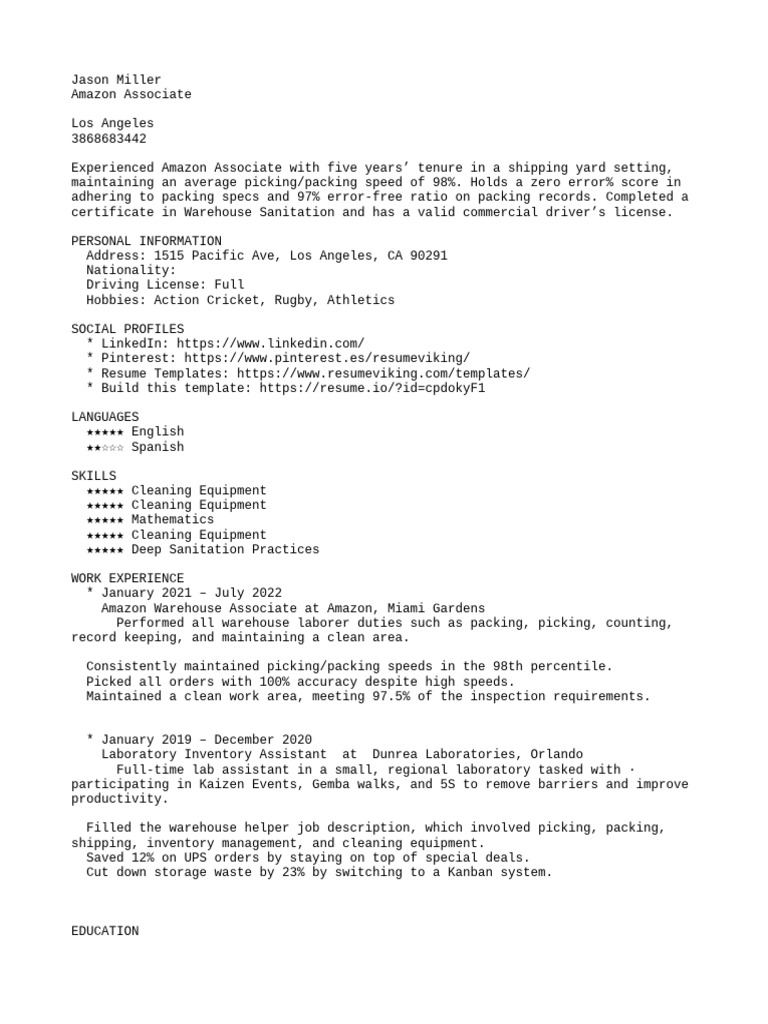 Amazon Warehouse Associate Resume | PDF | Warehouse | Logistics
