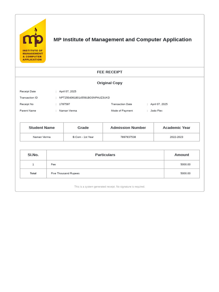 MP Institute Fee Receipt - April 2025 | PDF