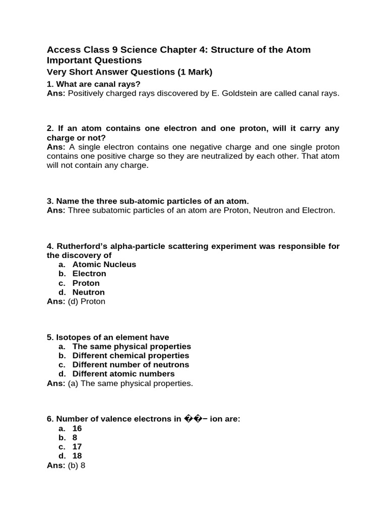 Class 9 Science: Atom Structure Q&A | PDF | Atoms | Proton