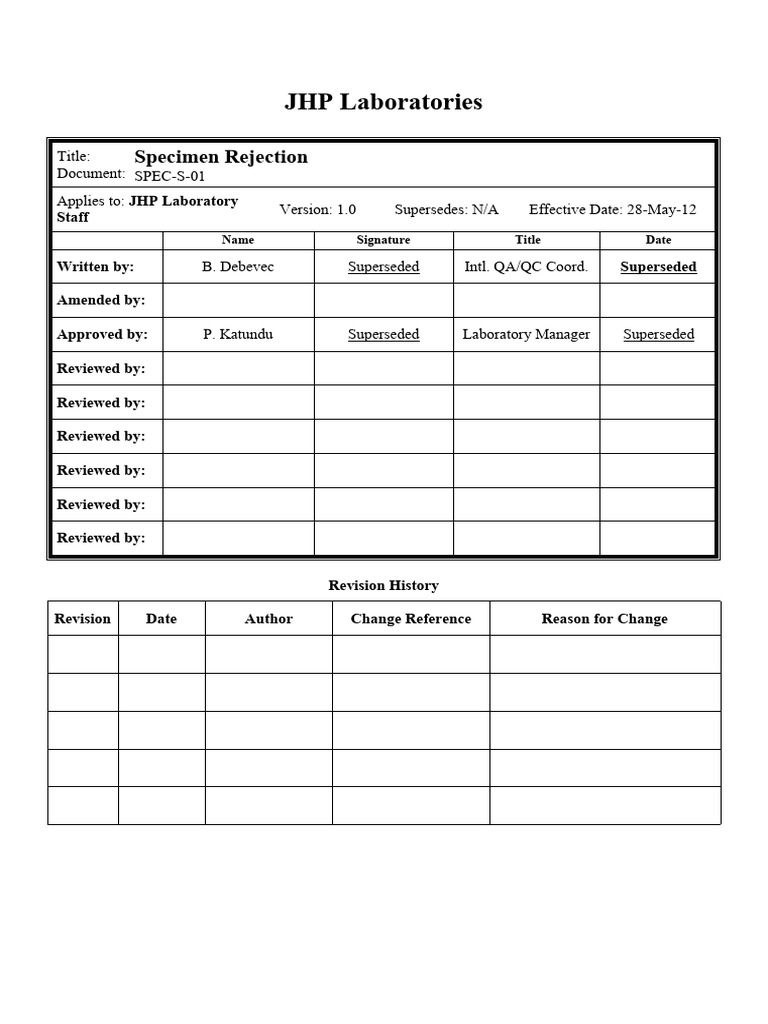 Specimen Rejection Procedures SOP | PDF