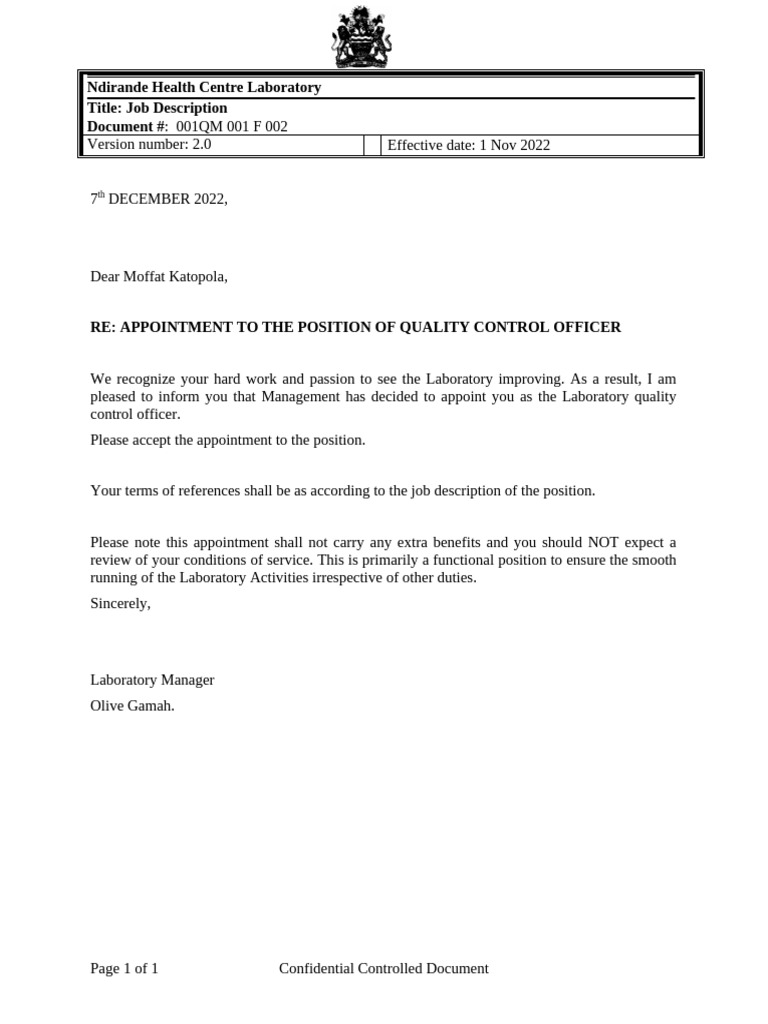 Appointment as Quality Control Officer | PDF