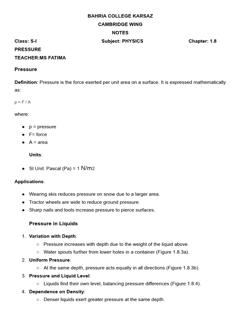 NOTES Unit-1.8 PRESSURE | PDF | Pressure | Density
