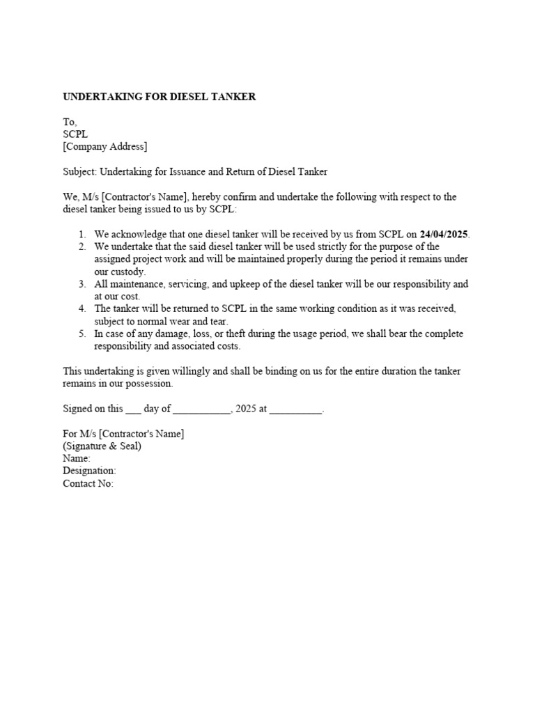 Undertaking For Diesel Tanker | PDF