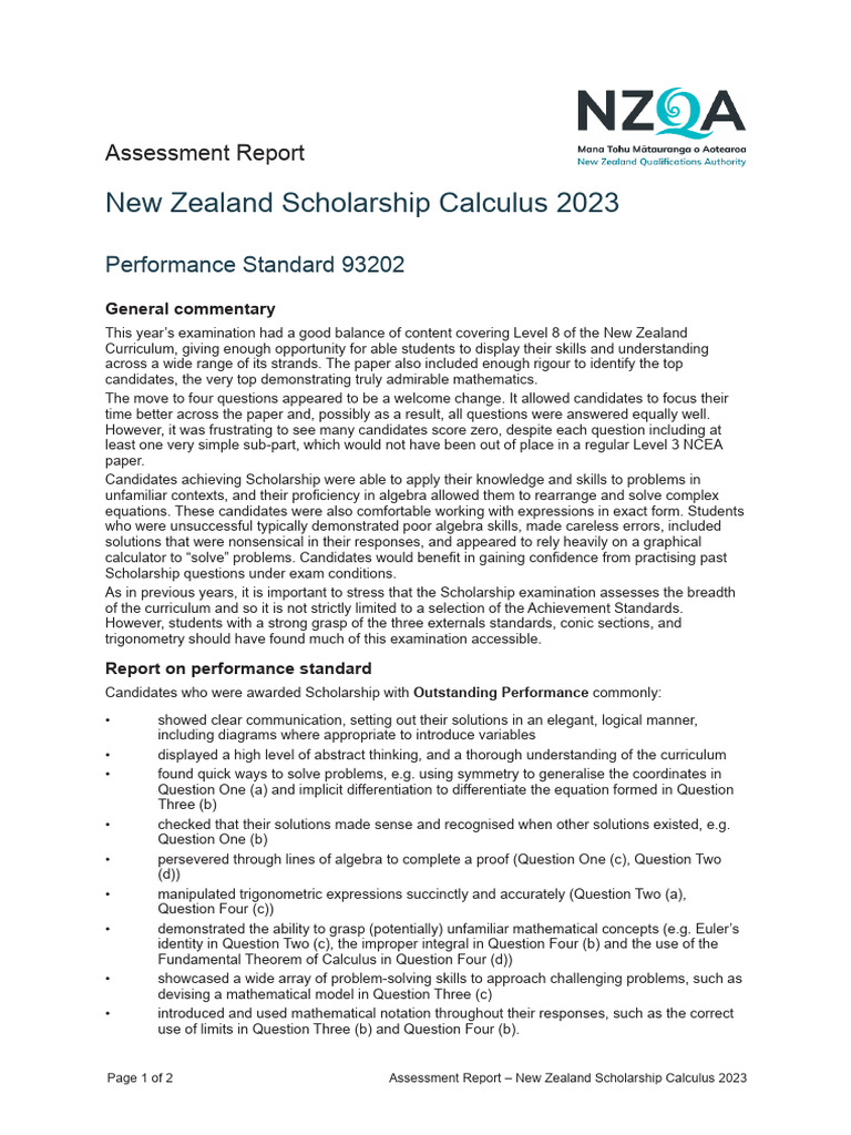 Assessment Report 2023 Scholarship Calculus | PDF | Equations | Mathematics