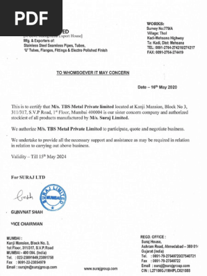 TBS Metal Pvt Ltd Purchase Order for SS Pipes | PDF