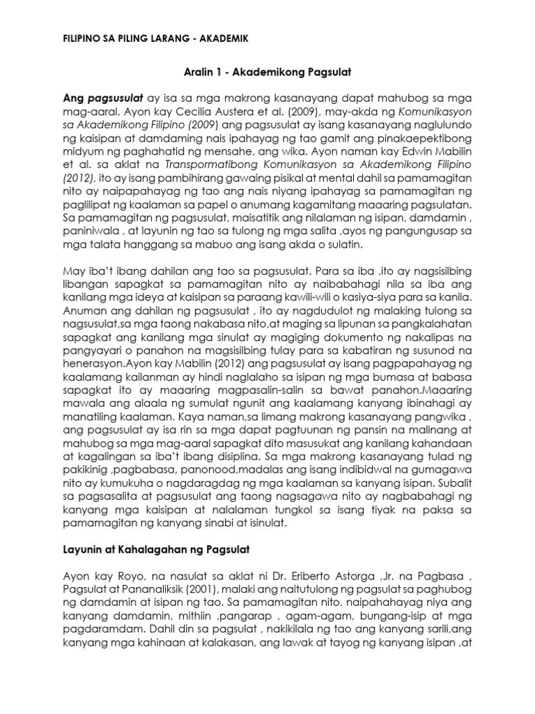 FSPLA Q1 ARALIN1 Kahalagahan NG Pagsulat at Akademikong Pagsulat ...