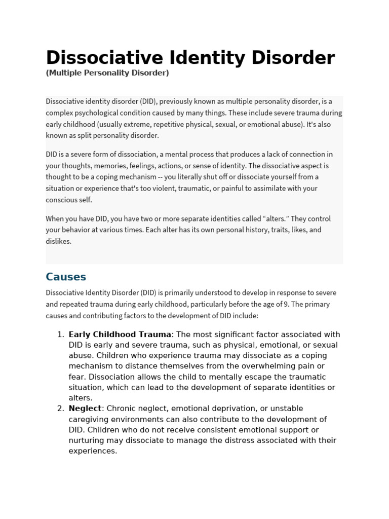 Dissociative Identity Disorder | PDF | Dissociation (Psychology ...