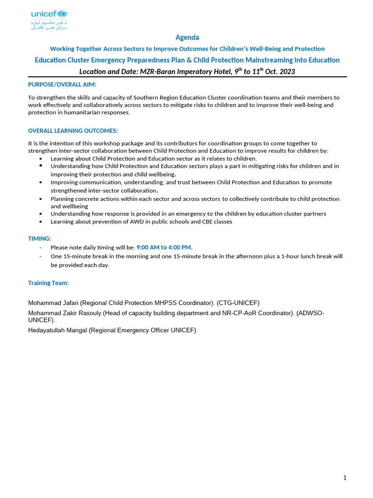 Balkh CP Mainstreaming EPP Training - Agenda 3-Days | PDF | Child ...