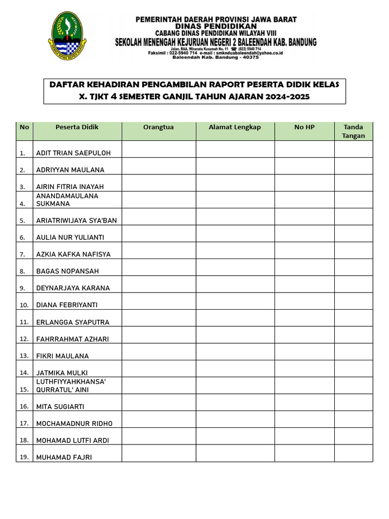 Daftar Kehadiran Pengambilan Raport Peserta Didik Kelas X.TJKT 4 | PDF