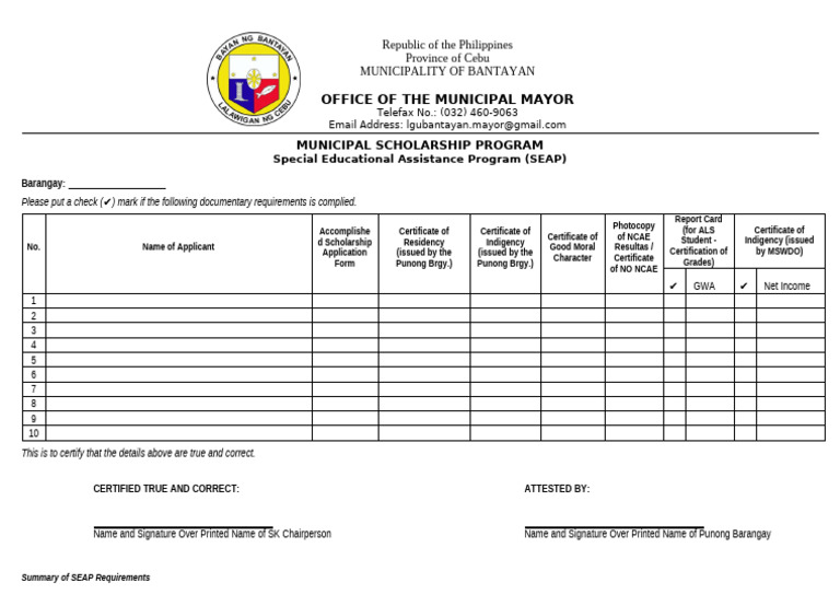 SEAP Scholarship Application Requirements | PDF