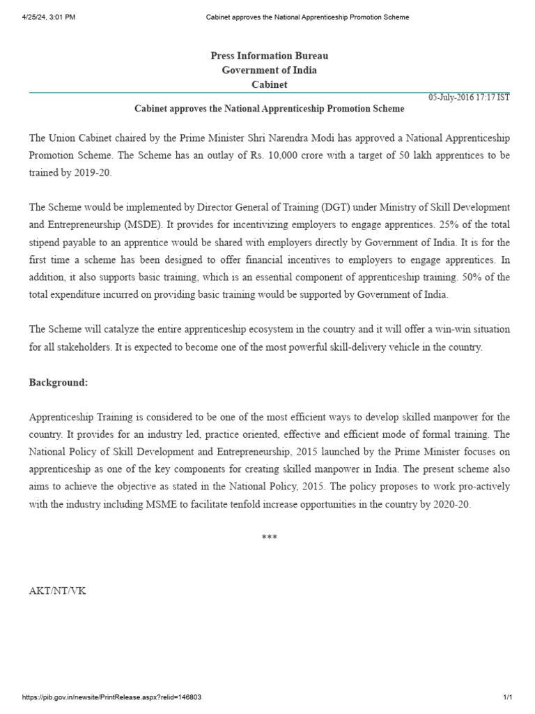 Cabinet Approves The National Apprenticeship Promotion Scheme | PDF ...