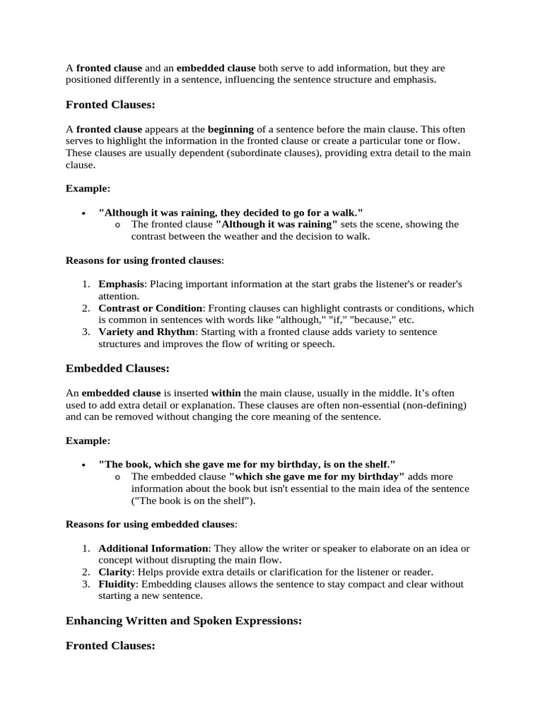 Understanding Fronted and Embedded Clauses | PDF | Clause | Sentence ...