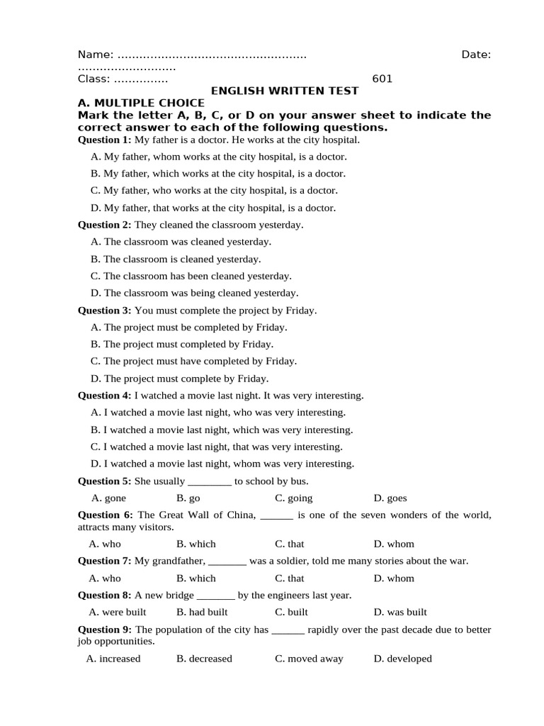 English Written Test Practice | PDF | Multiple Choice