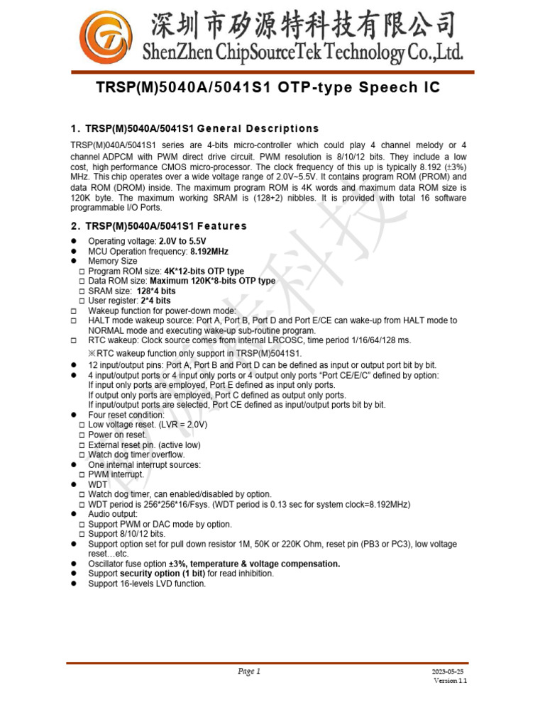 TRSP(M)5040A/5041S1 Speech IC Overview | PDF | Random Access Memory ...