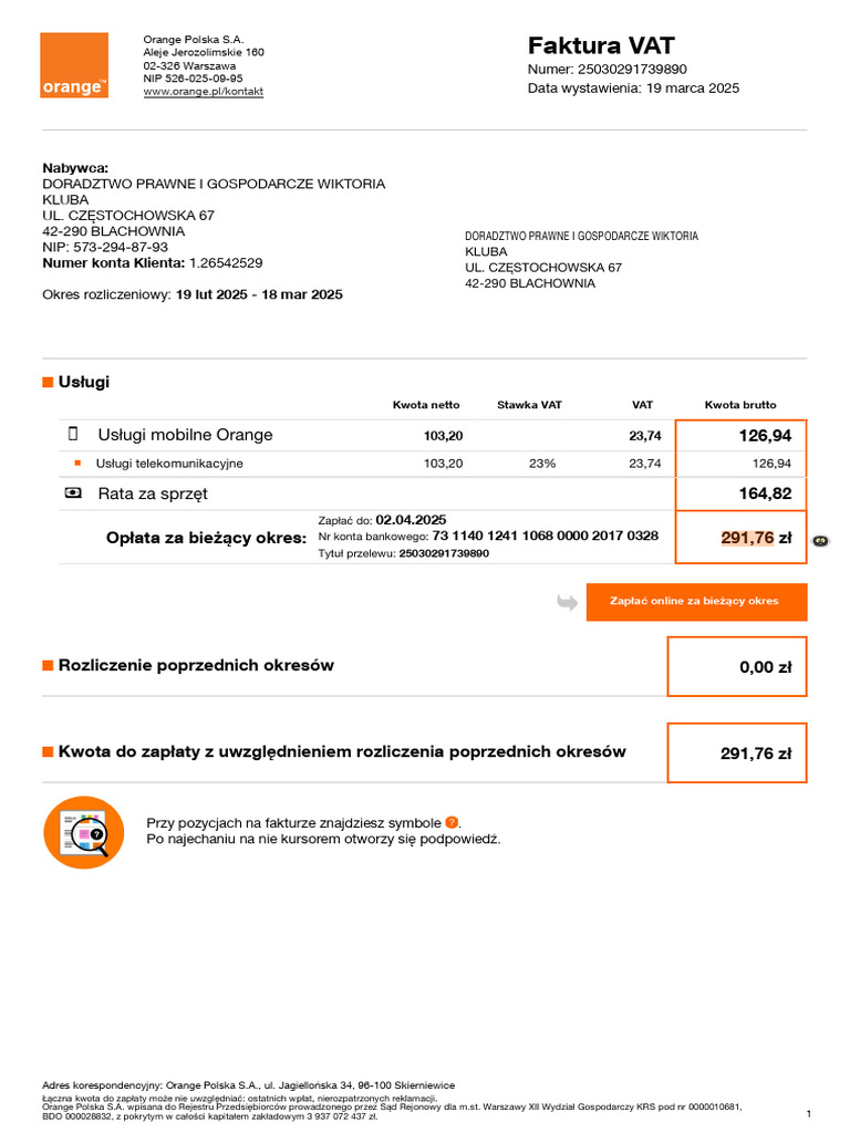 Faktura VAT: Usługi 126,94 164,82 Opłata Za Bieżący Okres: 291,76 ZŁ | PDF