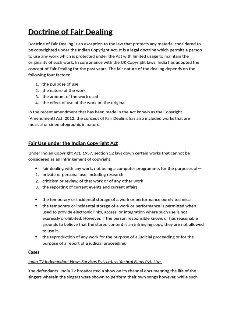 Fair Dealing in Indian Copyright Law | PDF | Fair Dealing | Copyright