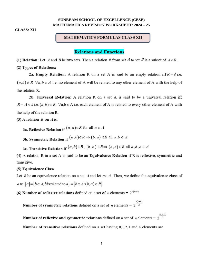 Formulas Worksheet Chapter Wise | PDF
