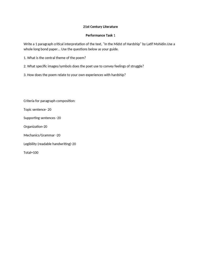 21st Lit Performance Task 1 | PDF