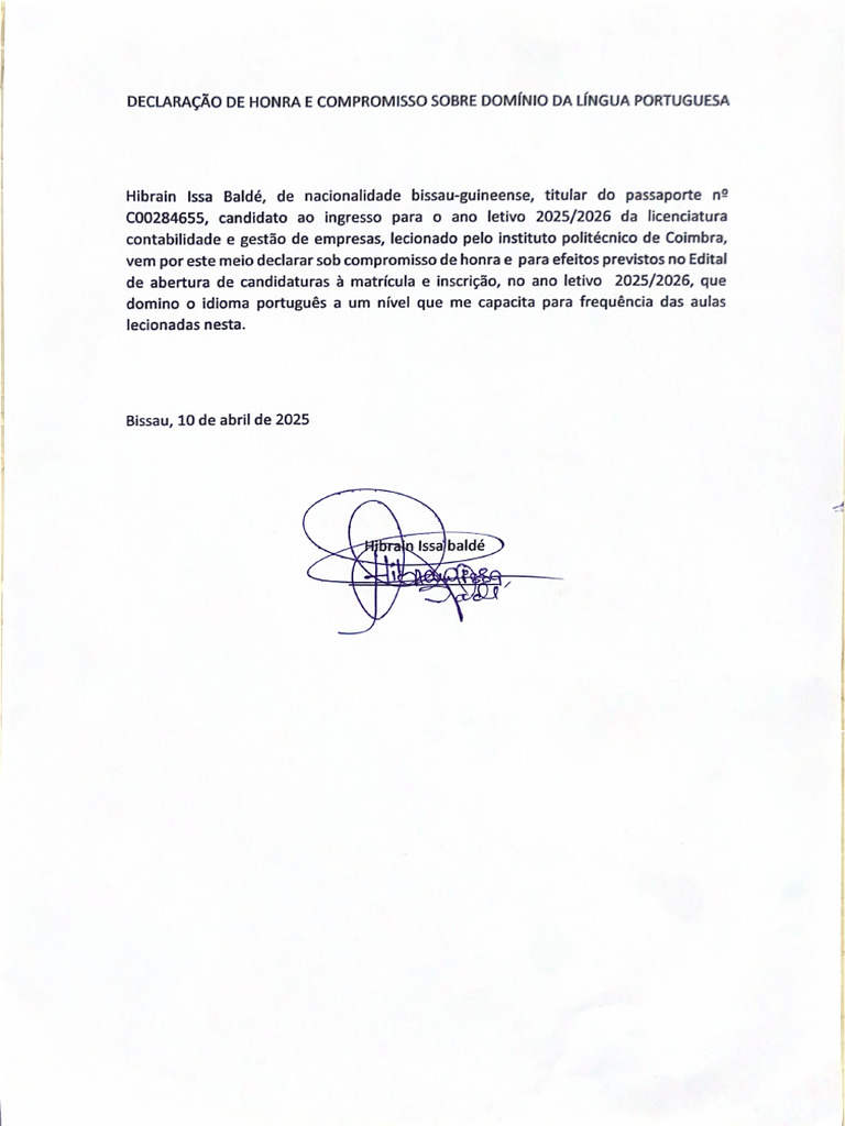 Declaração de Honra e Compromisso Sobre Domínio Da Língua Portuguesa | PDF