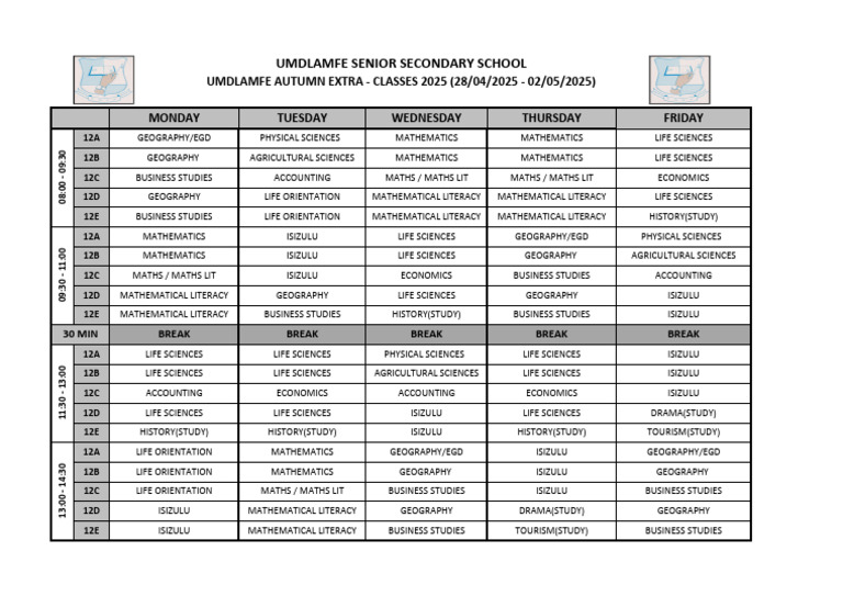 Umdlafe Senior Secondary Timetable 2025 | PDF