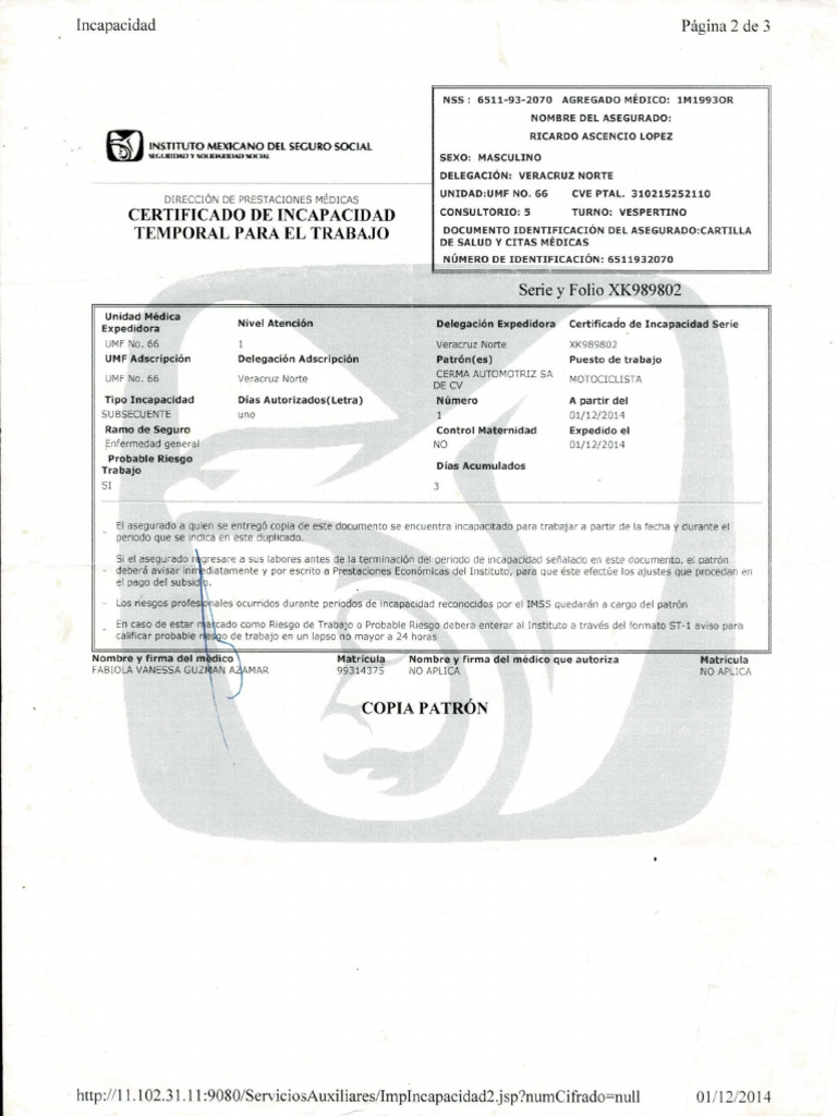 Certificado de Incapacidad Temporal IMSS | PDF | Cuidado de la salud