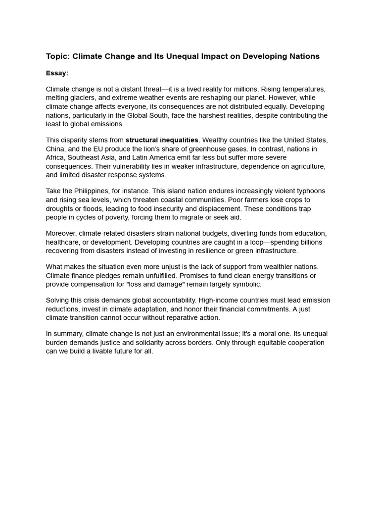 Topic - Climate Change and Its Unequal Impact On Developing Nations | PDF