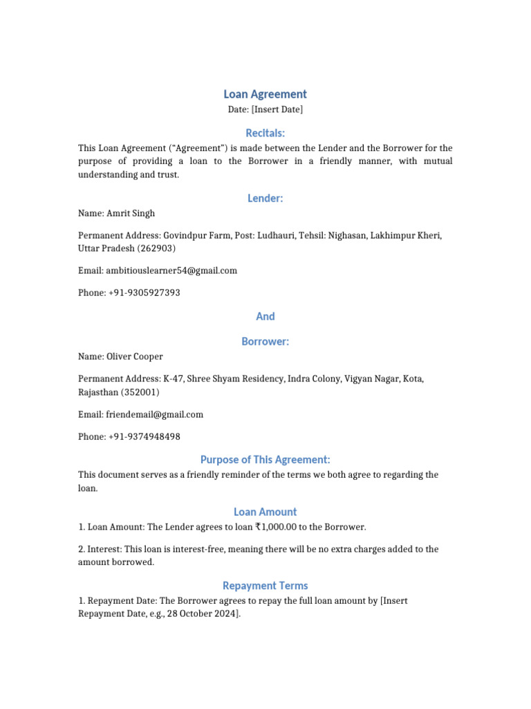 Loan Agreement Between Lender and Borrower | PDF | Loans | Debtor