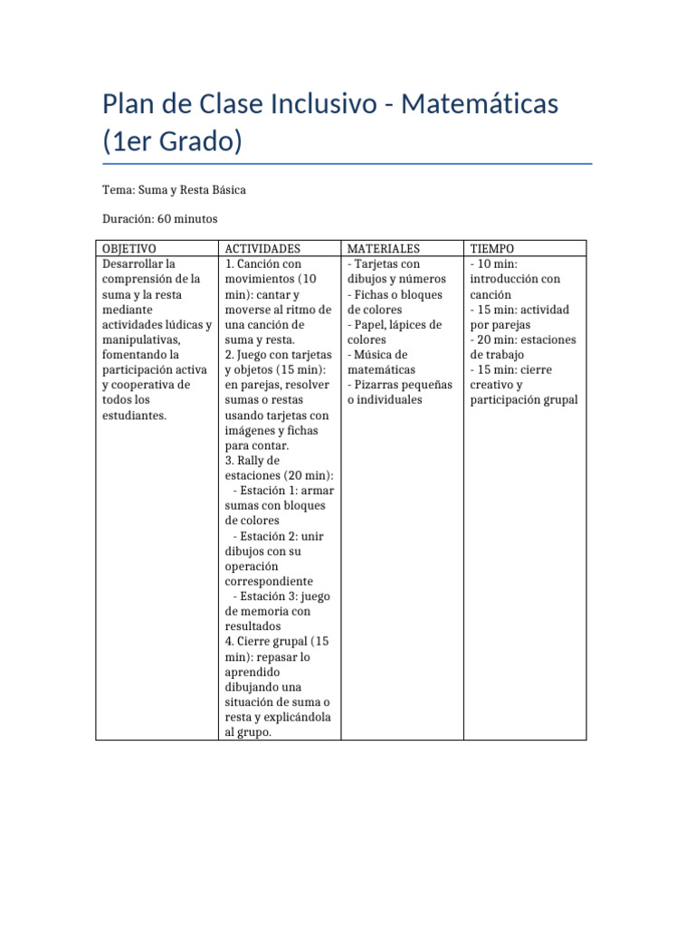 Plan de Clase Inclusivo Matematicas Formato Tabla | PDF