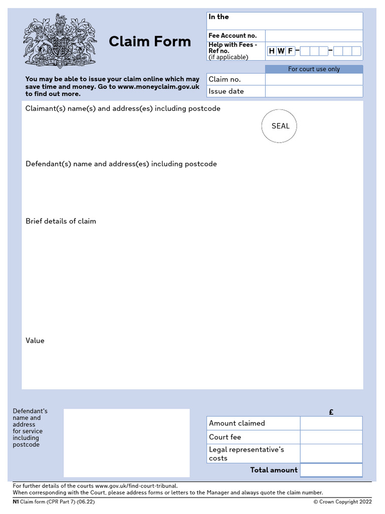 N1 Claim Form for County Court Claims | PDF | Damages | Justice