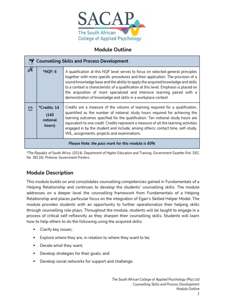 SACAP Counselling Skills Module 2025 | PDF | Turnitin | Psychotherapy