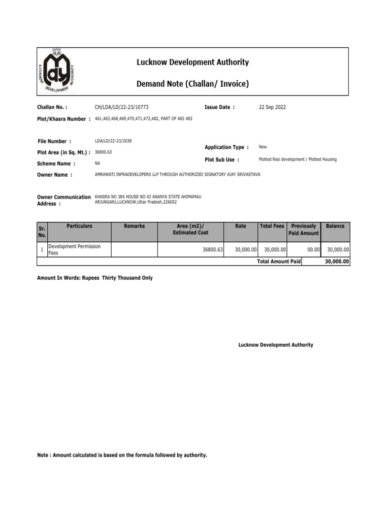 Development Fee Receipt for Plot 36800.63 | PDF